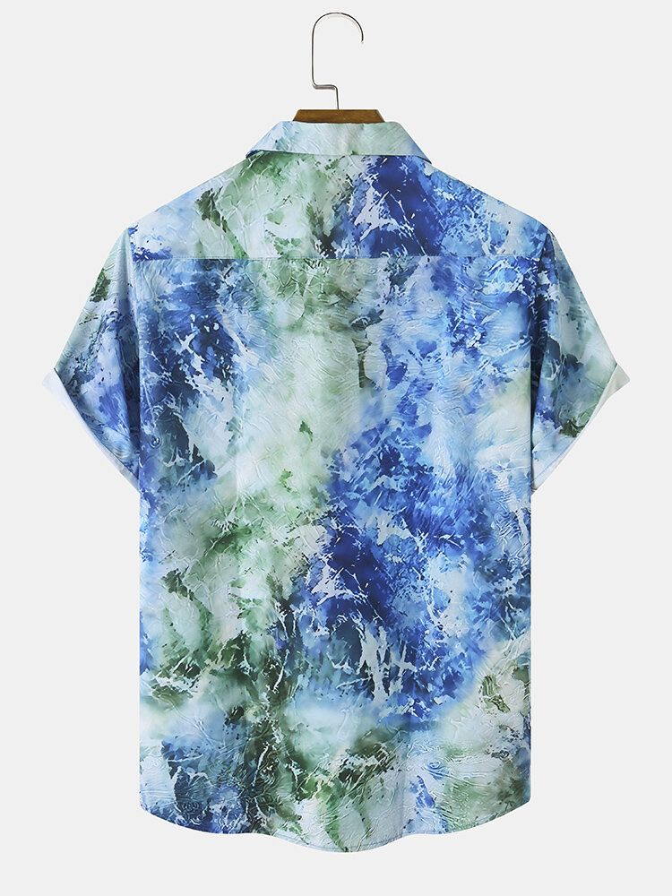 Herr Ocean Waves Print Splitsade Hawaiian Holiday Shirts Med Enkel Bröstficka