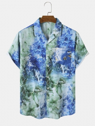 Herr Ocean Waves Print Splitsade Hawaiian Holiday Shirts Med Enkel Bröstficka