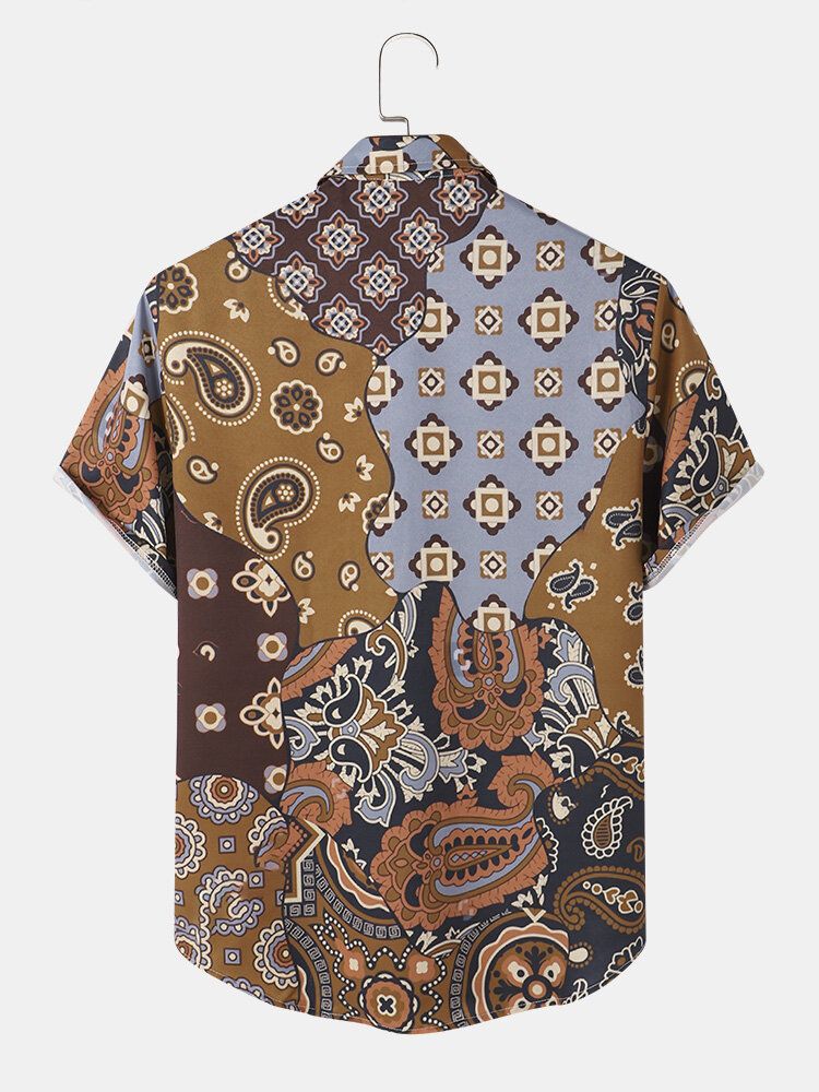 Herr Patchwork Geometriskt Tryck Casual Kortärmade Street Shirts