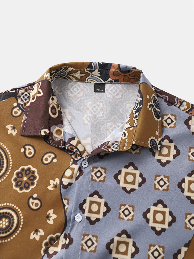 Herr Patchwork Geometriskt Tryck Casual Kortärmade Street Shirts