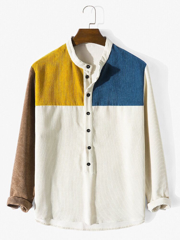 Herr Patchwork Kontrastfärg Block Långärmad Stativ Krage Knappar Henley Skjortor