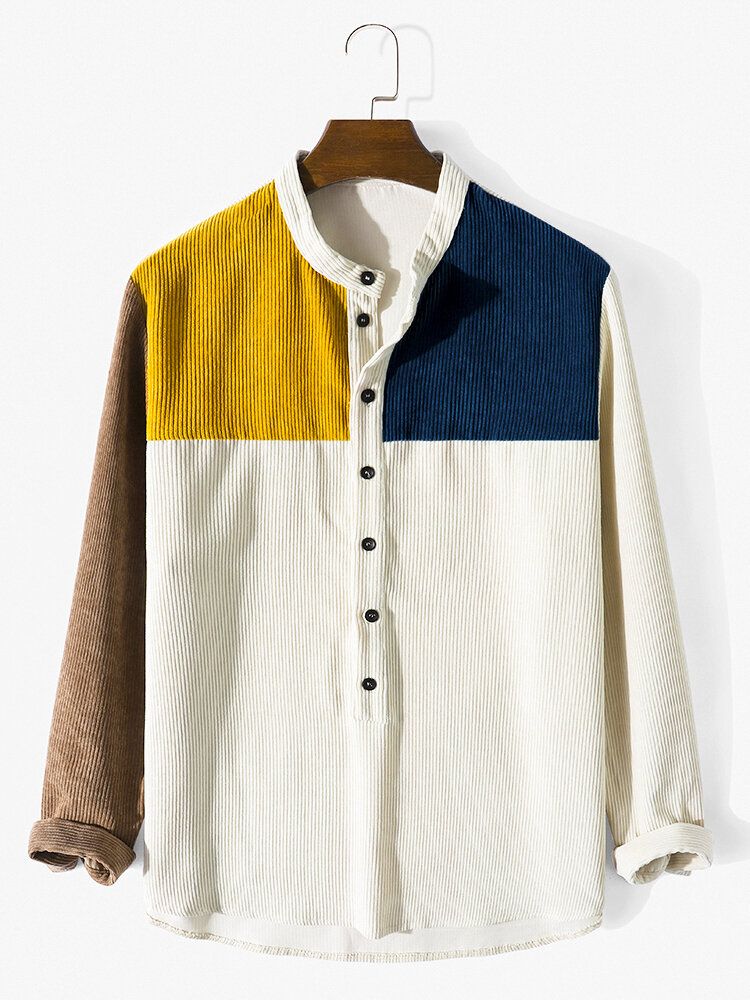 Herr Patchwork Kontrastfärg Block Långärmad Stativ Krage Knappar Henley Skjortor