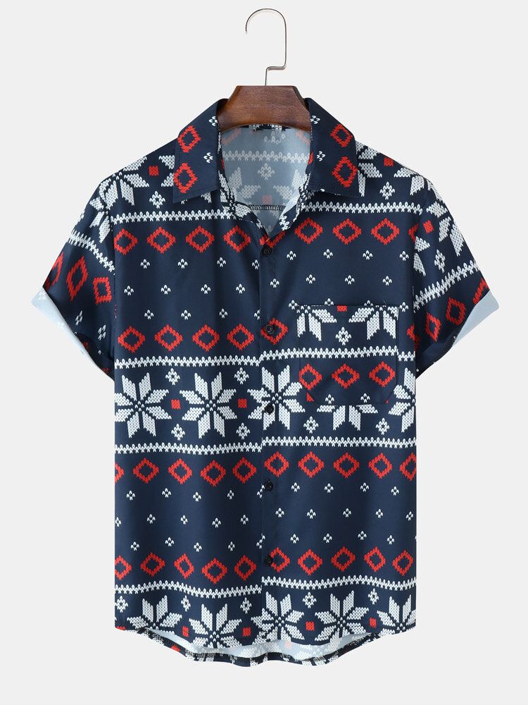 Herr Snow Geometric Chest Pocket Casual Short Shirts