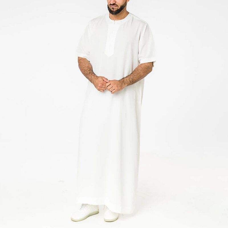 Herr Solid Front Dragkedja Rundhalsad Kortärmad Casual Robe-skjortor