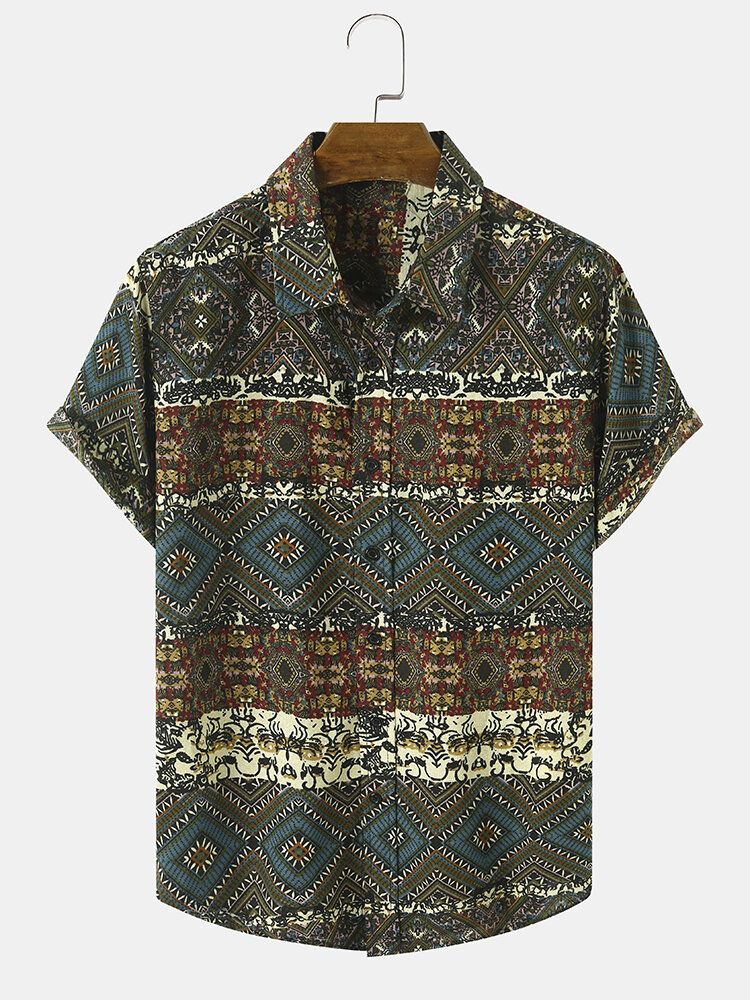 Herr Tribal Print Patchwork Lapel Button Up Hem Cuff Fritidsskjortor