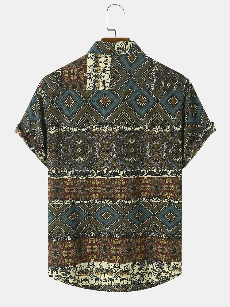 Herr Tribal Print Patchwork Lapel Button Up Hem Cuff Fritidsskjortor