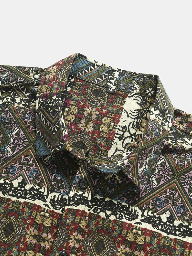 Herr Tribal Print Patchwork Lapel Button Up Hem Cuff Fritidsskjortor