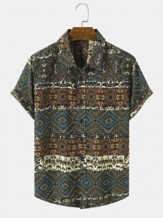 Herr Tribal Print Patchwork Lapel Button Up Hem Cuff Fritidsskjortor