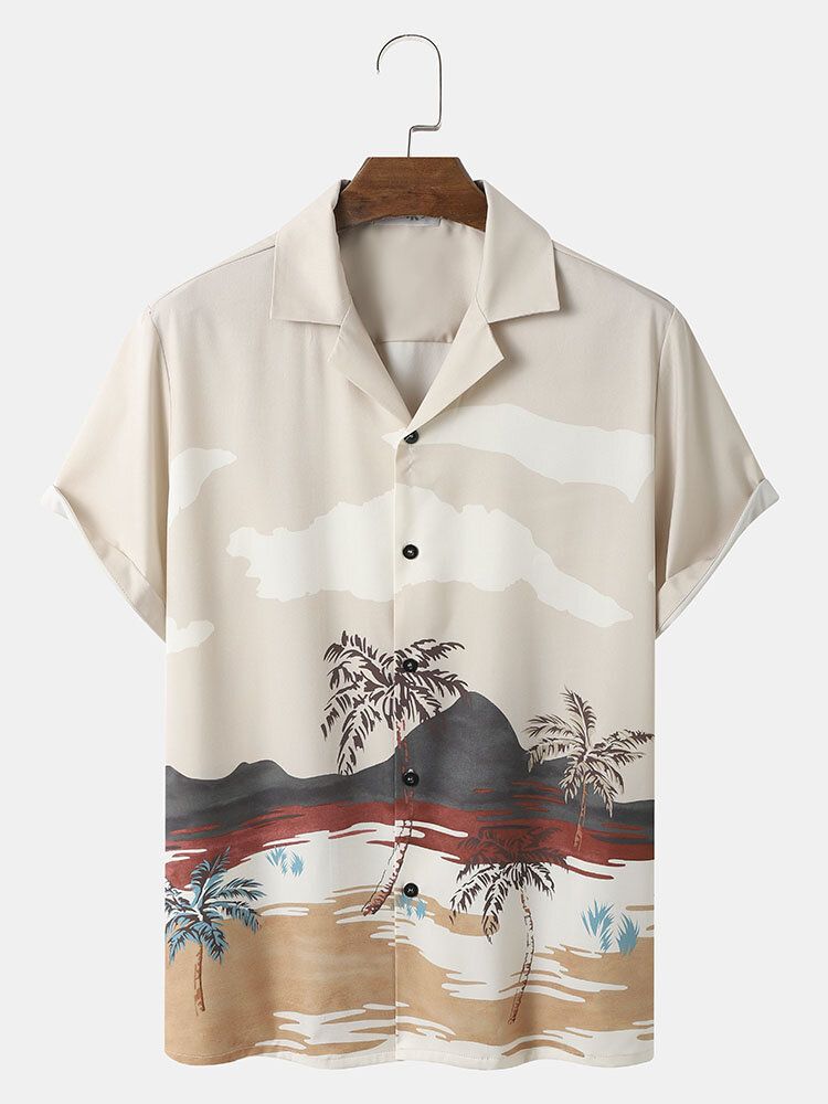 Herr Tropical Landscape Print Revere Collar Casual Kortärmade Skjortor