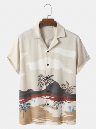 Herr Tropical Landscape Print Revere Collar Casual Kortärmade Skjortor