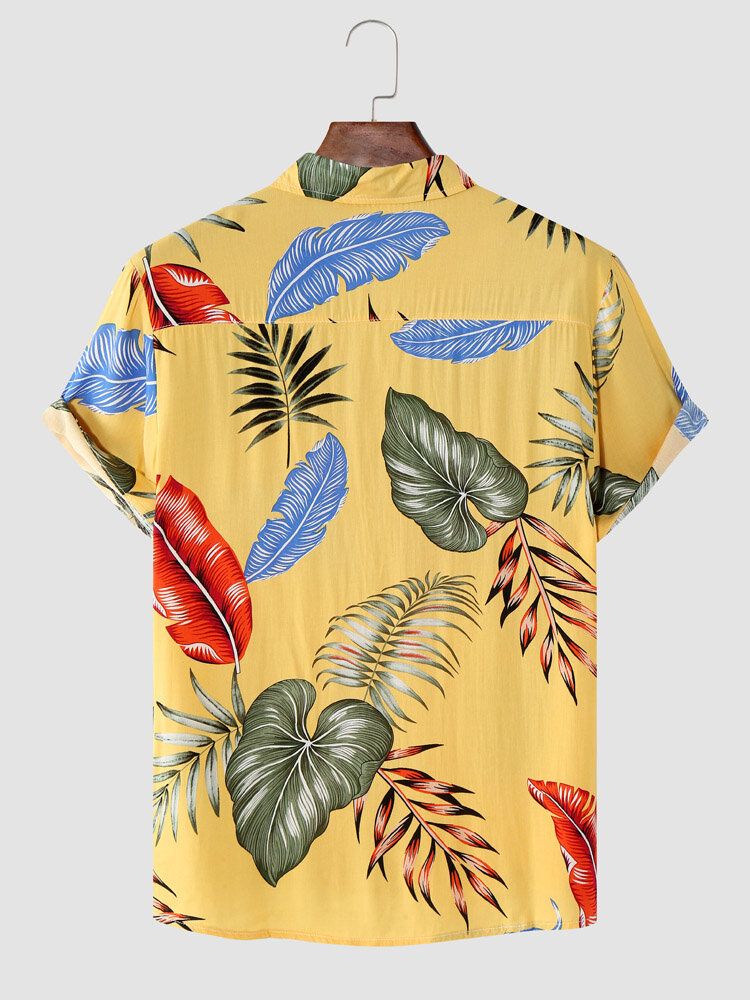 Herr Tropical Leaf Grafisk Böjd Fåll Kortärmad Graceful Casual Skjortor