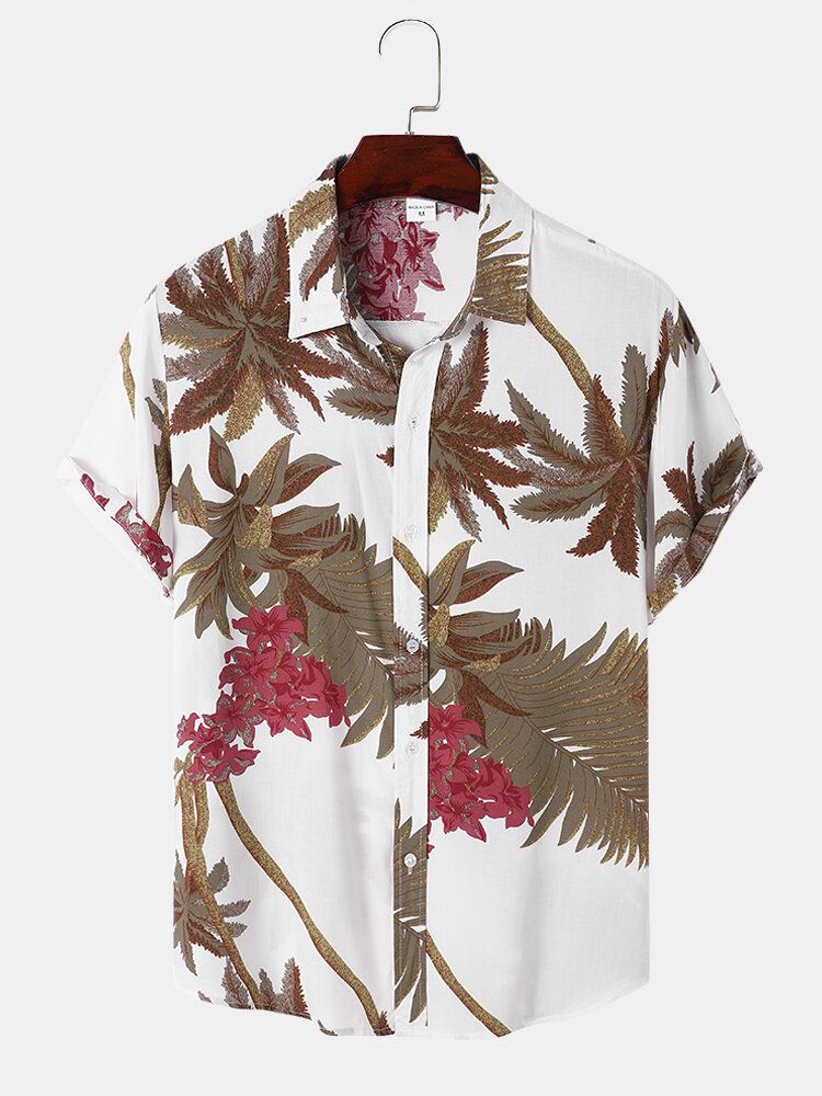 Herr Tropical Leaf Hawaii Style Casual Hudvänliga Matchande Mjuka Skjortor