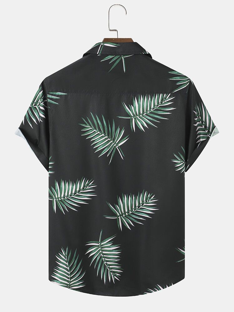 Herr Tropical Leaf Print Kortärmad Fåll Manschett Street Casual Shirts