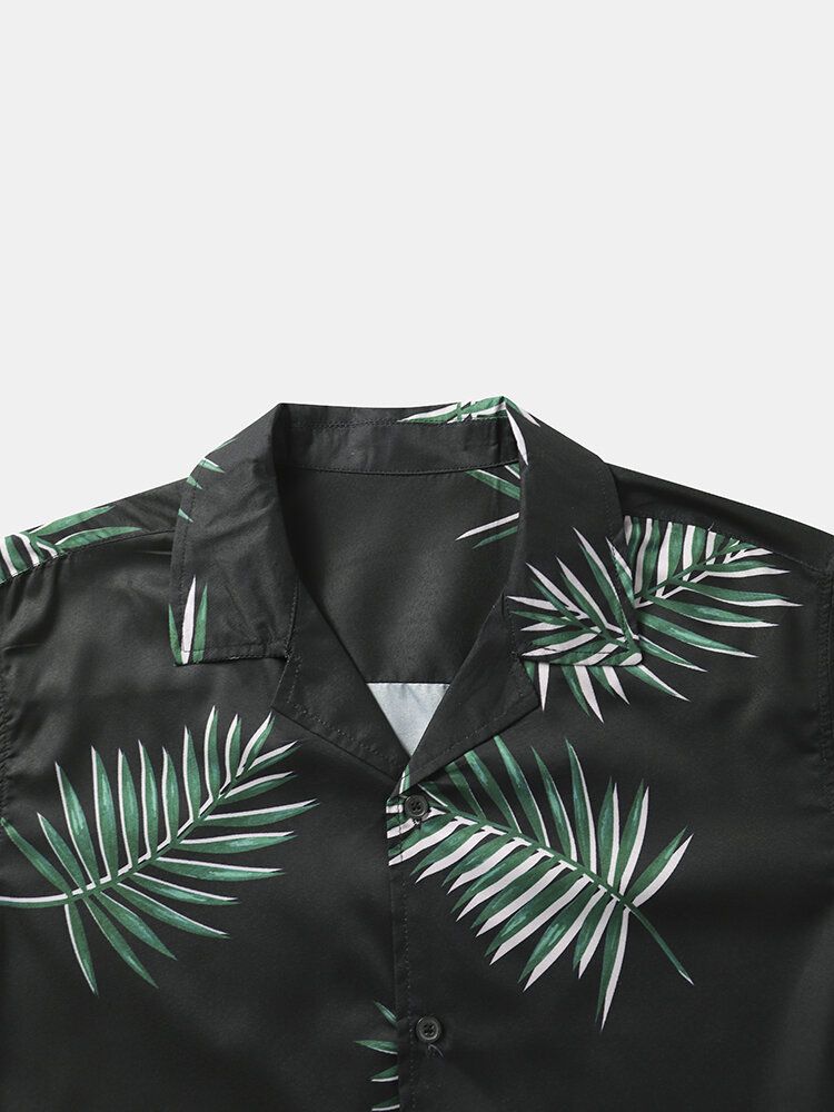 Herr Tropical Leaf Print Kortärmad Fåll Manschett Street Casual Shirts