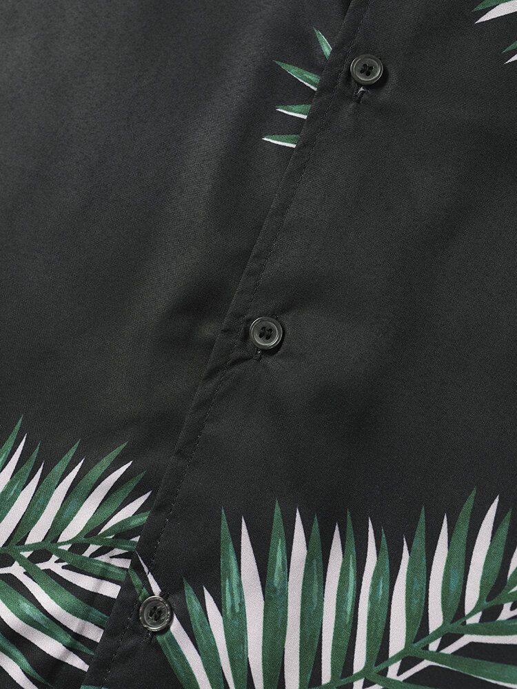 Herr Tropical Leaf Print Kortärmad Fåll Manschett Street Casual Shirts