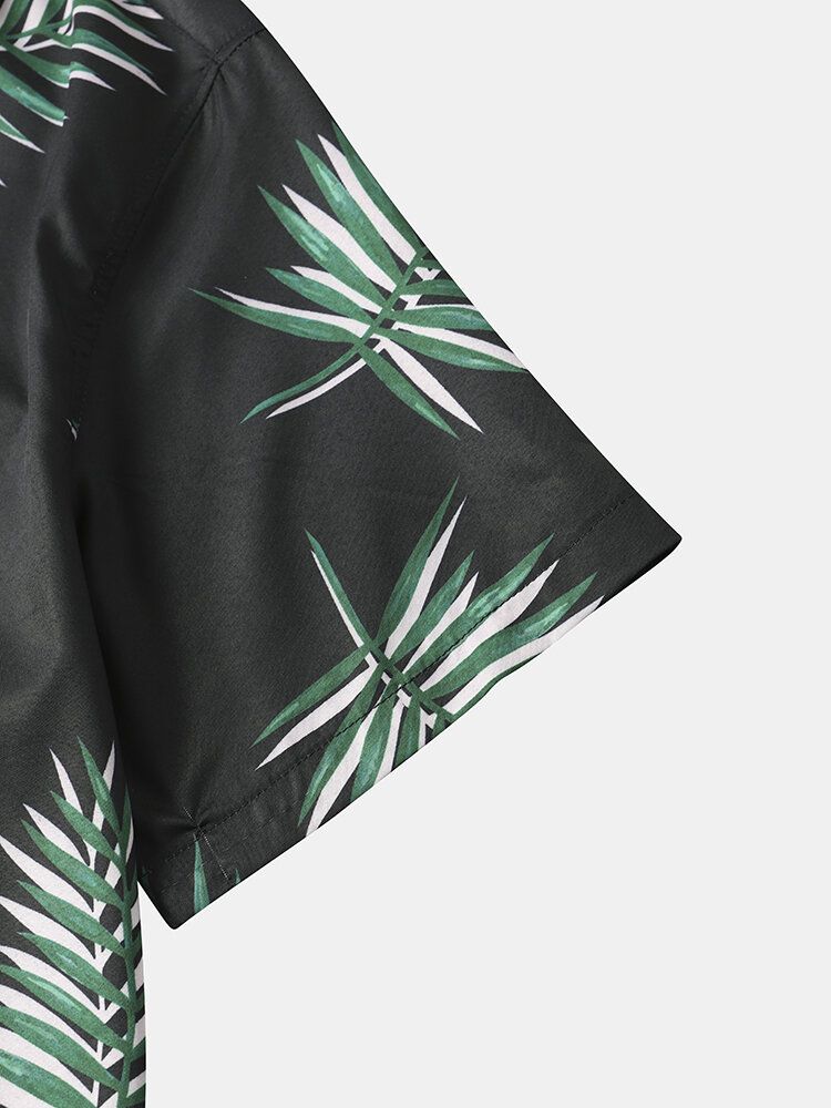 Herr Tropical Leaf Print Kortärmad Fåll Manschett Street Casual Shirts