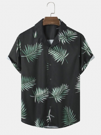 Herr Tropical Leaf Print Kortärmad Fåll Manschett Street Casual Shirts