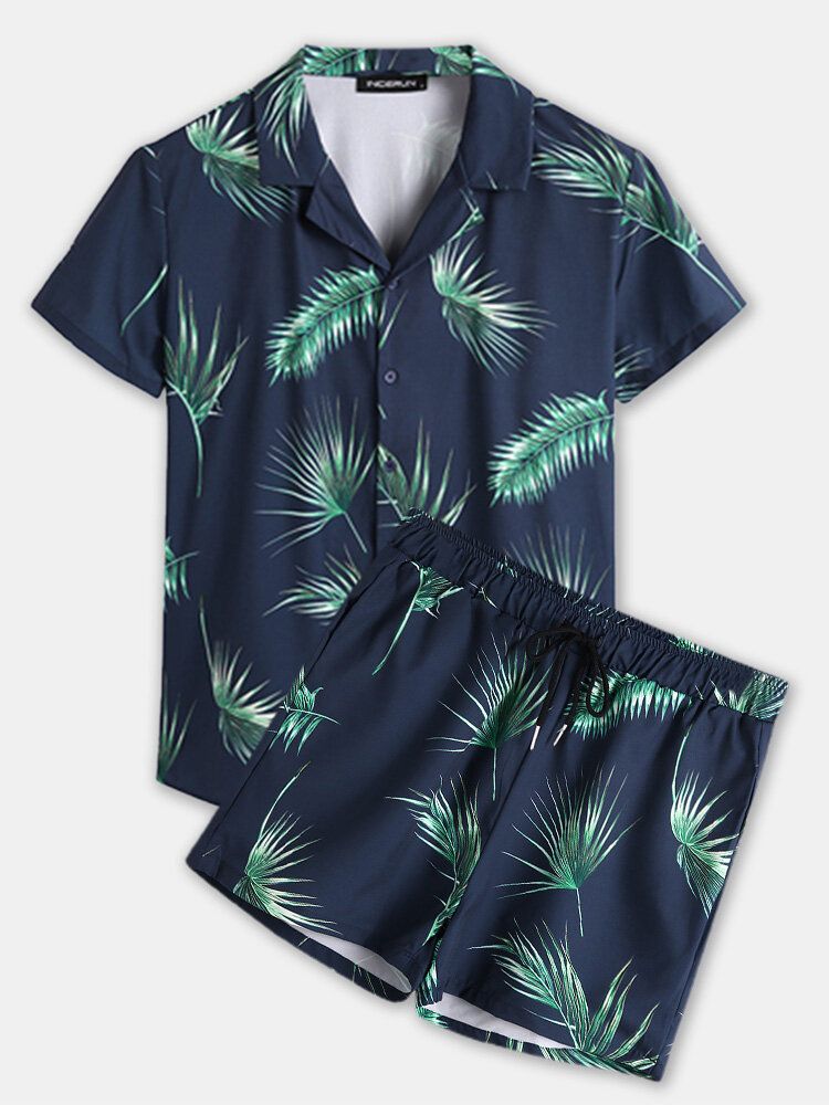 Herr Tropical Leaf Print Vacation Style Casual Shirts Sets