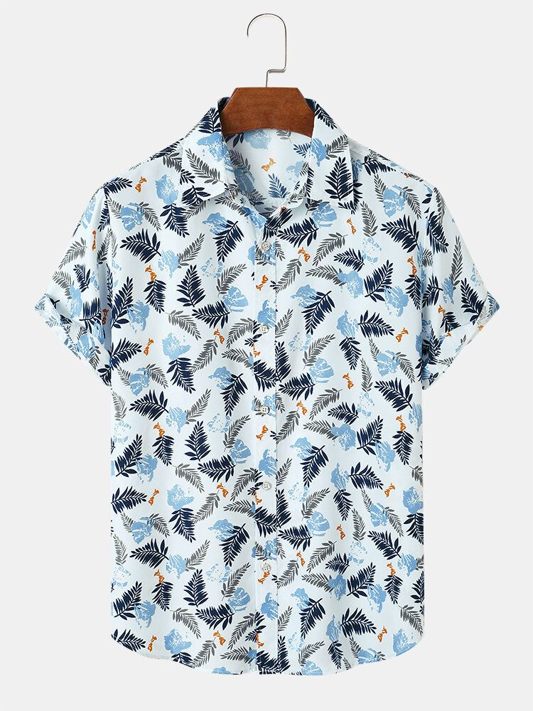 Herr Tropical Leave Print Lapel Normal Fit Holiday Casual Kortärmade Skjortor