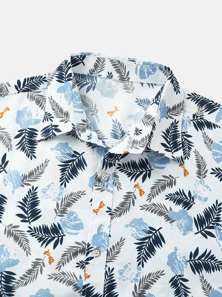 Herr Tropical Leave Print Lapel Normal Fit Holiday Casual Kortärmade Skjortor