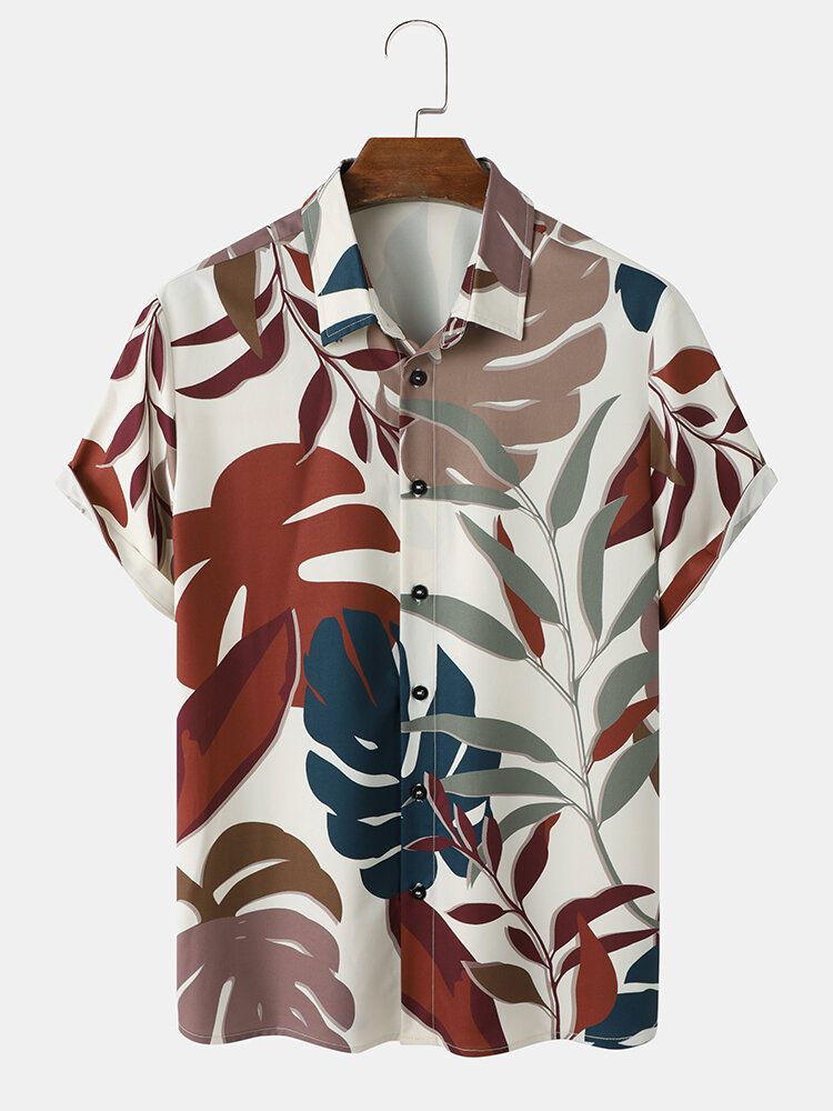 Herr Tropical Leaves Button Lapel Kortärmade Casual Shirts