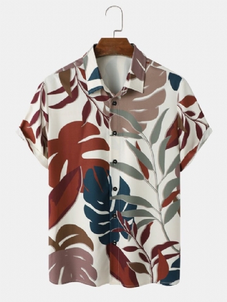 Herr Tropical Leaves Button Lapel Kortärmade Casual Shirts