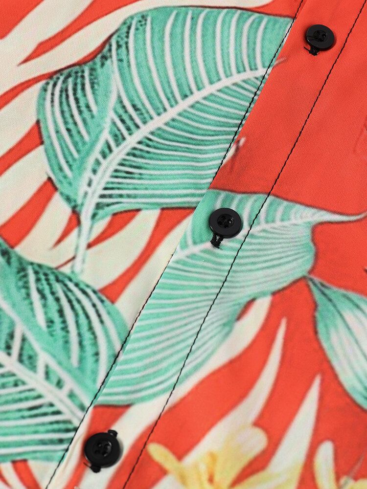 Herr Tropical Leaves Print Kontrastfärg Kortärmade Skjortor