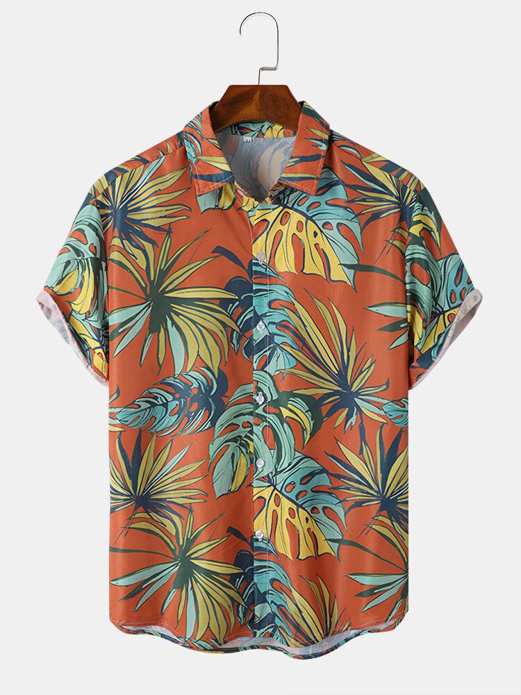 Herr Tropical Leaves Print Semester Mjuk Bekväm Andas Alla Matchade Skjortor