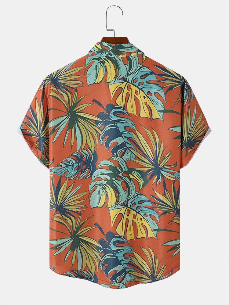 Herr Tropical Leaves Print Semester Mjuk Bekväm Andas Alla Matchade Skjortor