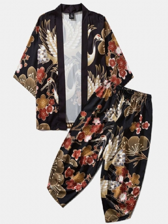 Japansk Kimono Crane Flower Print Open Front Pants Co-ords