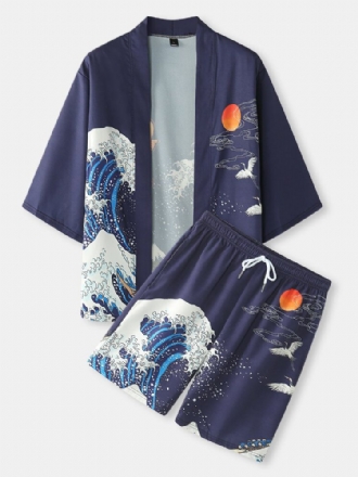 Japansk Kimono Wave Herr Koi Ukiyoe Back Print Tvådelad Outfits