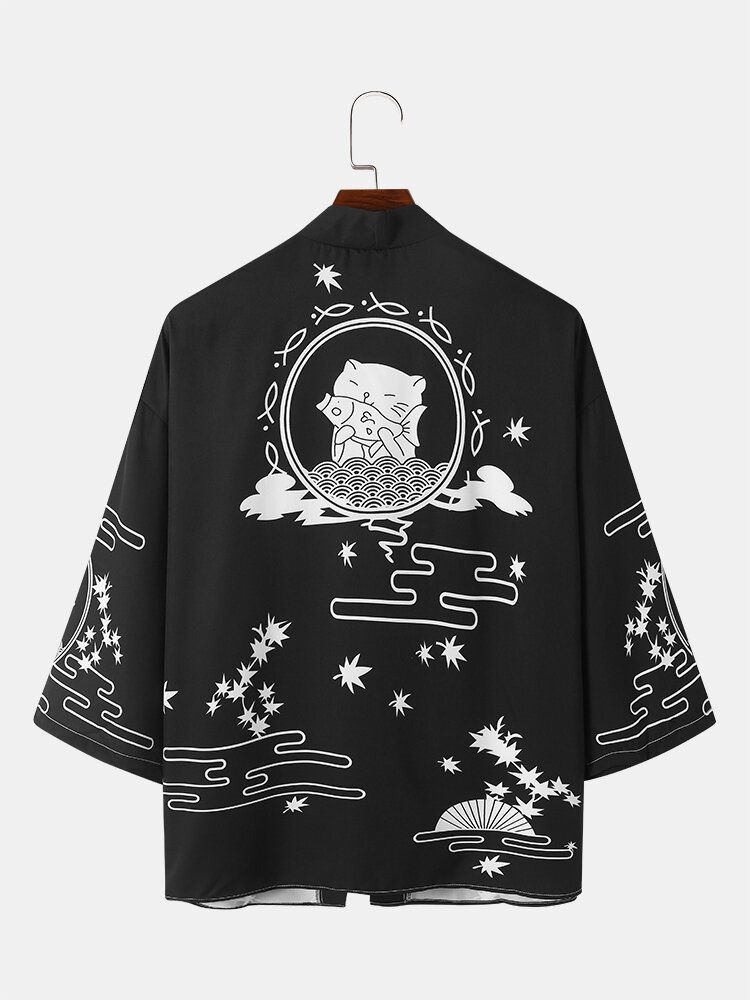 Katttryck För Män I Japansk Stil Med Öppen Framsida Lös Kimono