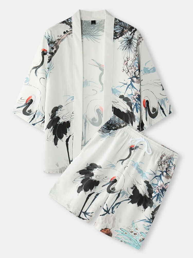 Kimono Bläckmålning För Män Krantrycksficka Öppen Framsida Tvådelade Outfits