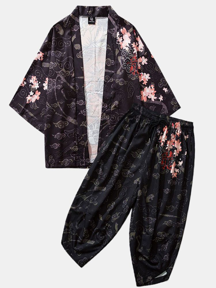 Kimono Herr Etnisk Stil Med Lång Gragontryck Elastisk Midja I Två Delar