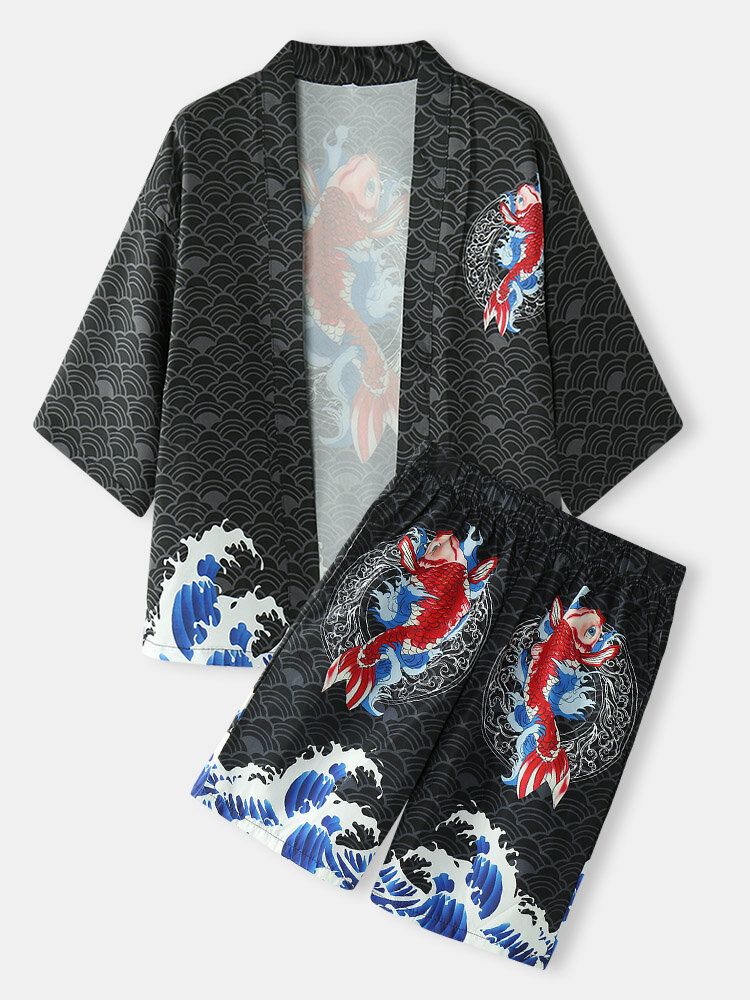 Kimono Herr Japansk Koi Vågtryck Öppen Framsida Tvådelade Outfits