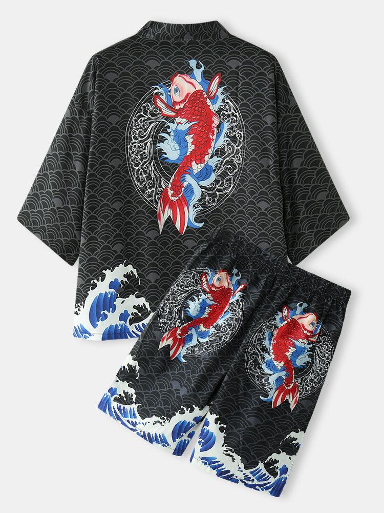 Kimono Herr Japansk Koi Vågtryck Öppen Framsida Tvådelade Outfits