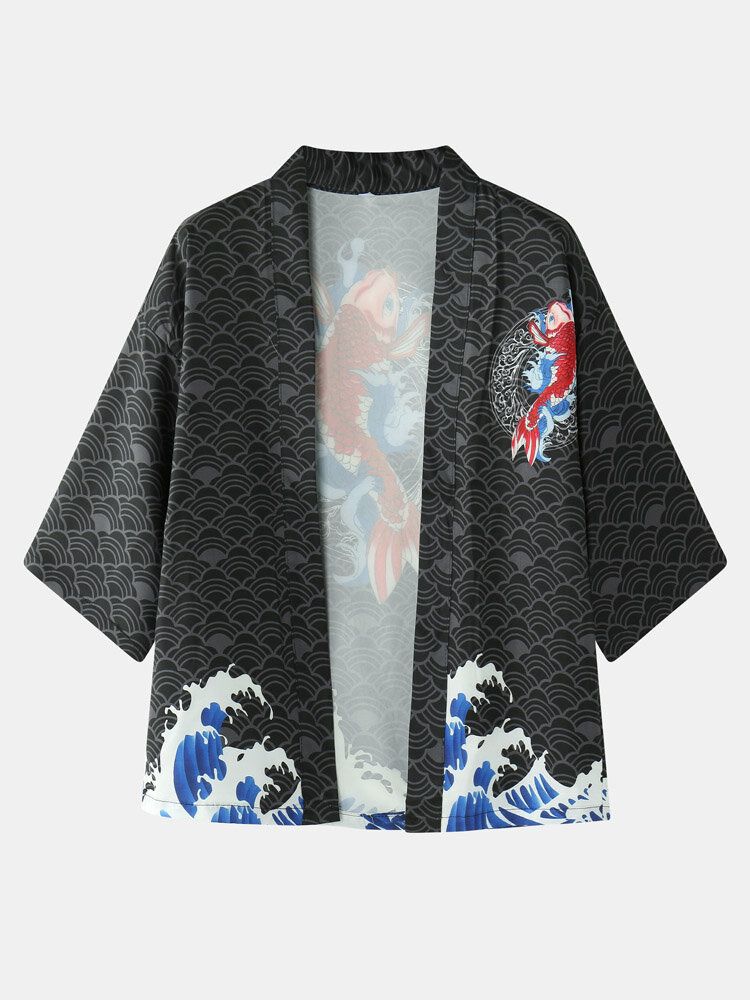 Kimono Herr Japansk Koi Vågtryck Öppen Framsida Tvådelade Outfits