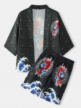 Kimono Herr Japansk Koi Vågtryck Öppen Framsida Tvådelade Outfits