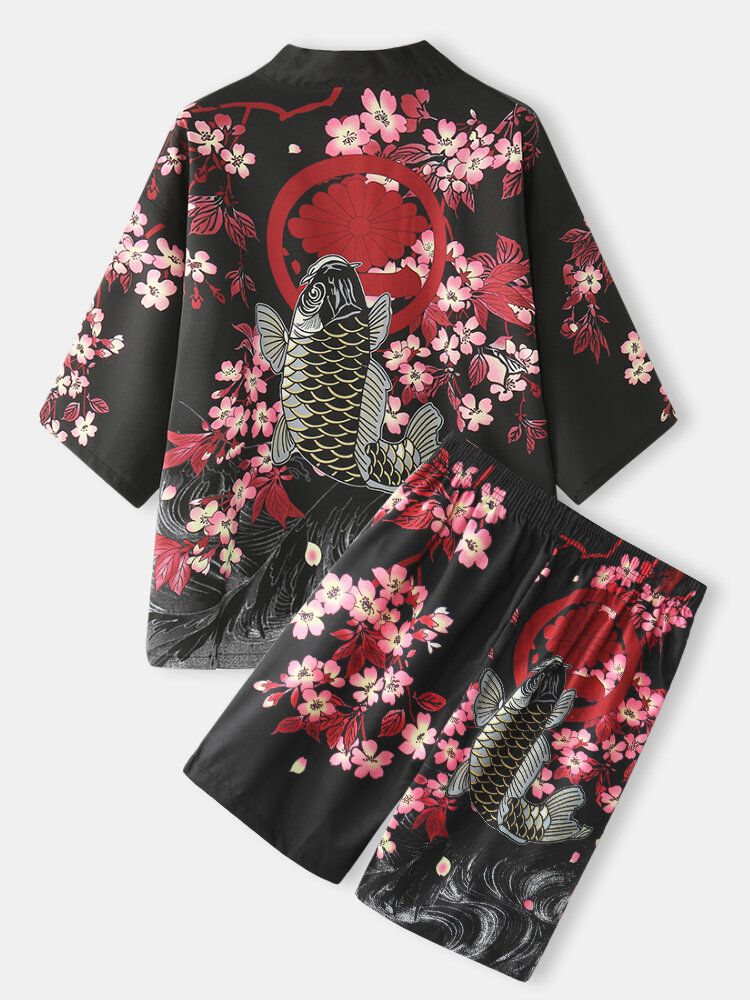 Kimonokarp Herr Med Blommönster Japansk Fisk Elastisk Midja Tvådelade Outfits