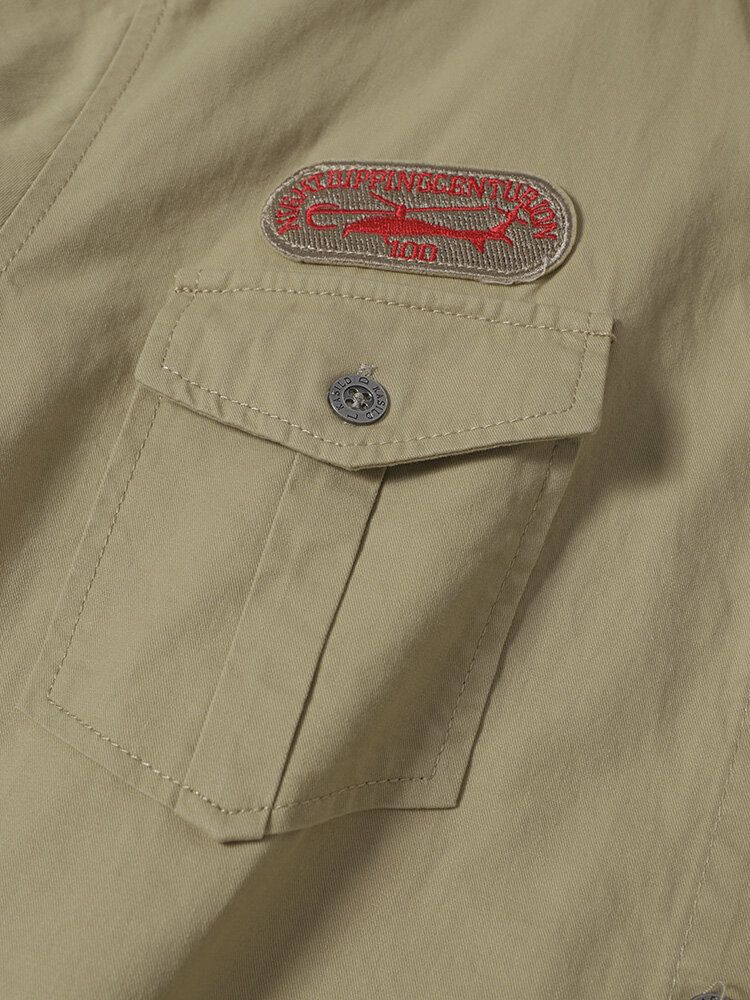 Män 100% Bomull Badge Double Pocket Alla Matchade Hudvänliga Skjortor