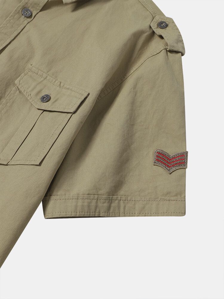 Män 100% Bomull Badge Double Pocket Alla Matchade Hudvänliga Skjortor