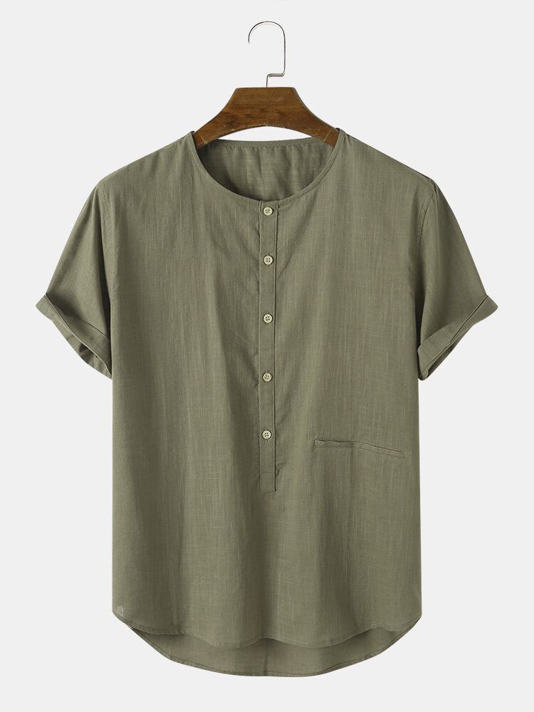 Män Bomull Solid Half Button Simple O Neck Pocket Lightly Shirts