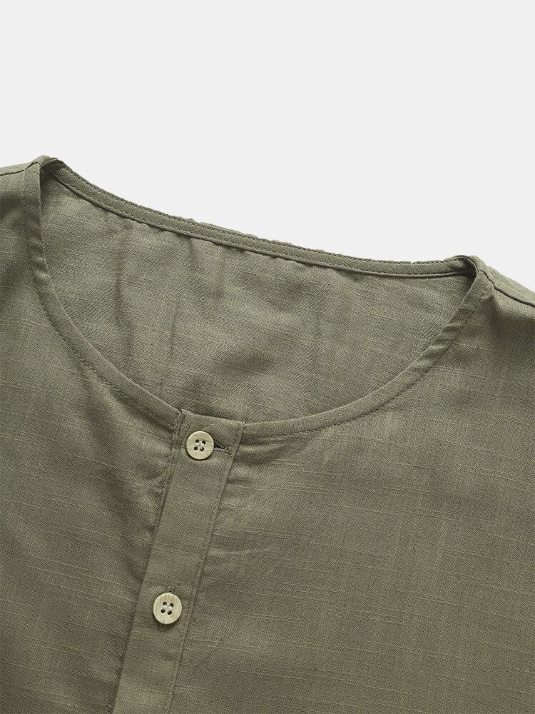 Män Bomull Solid Half Button Simple O Neck Pocket Lightly Shirts