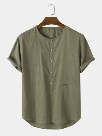 Män Bomull Solid Half Button Simple O Neck Pocket Lightly Shirts