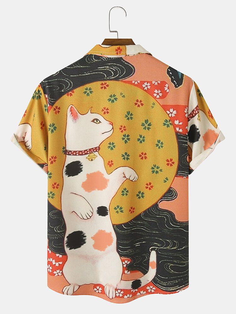 Män Cartoon Cat Pattern Kortärmad Lapel Collar Casual Shirts