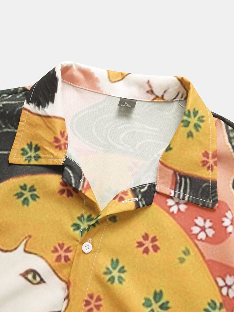 Män Cartoon Cat Pattern Kortärmad Lapel Collar Casual Shirts