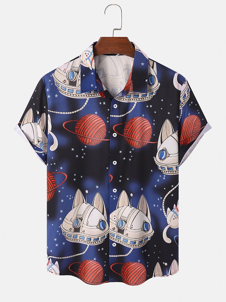 Män Cartoon Cat Star War Button Casual Shirts Med Kort Ärm