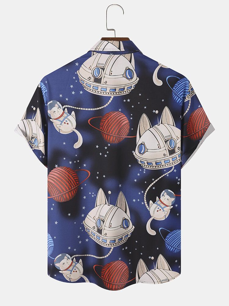 Män Cartoon Cat Star War Button Casual Shirts Med Kort Ärm