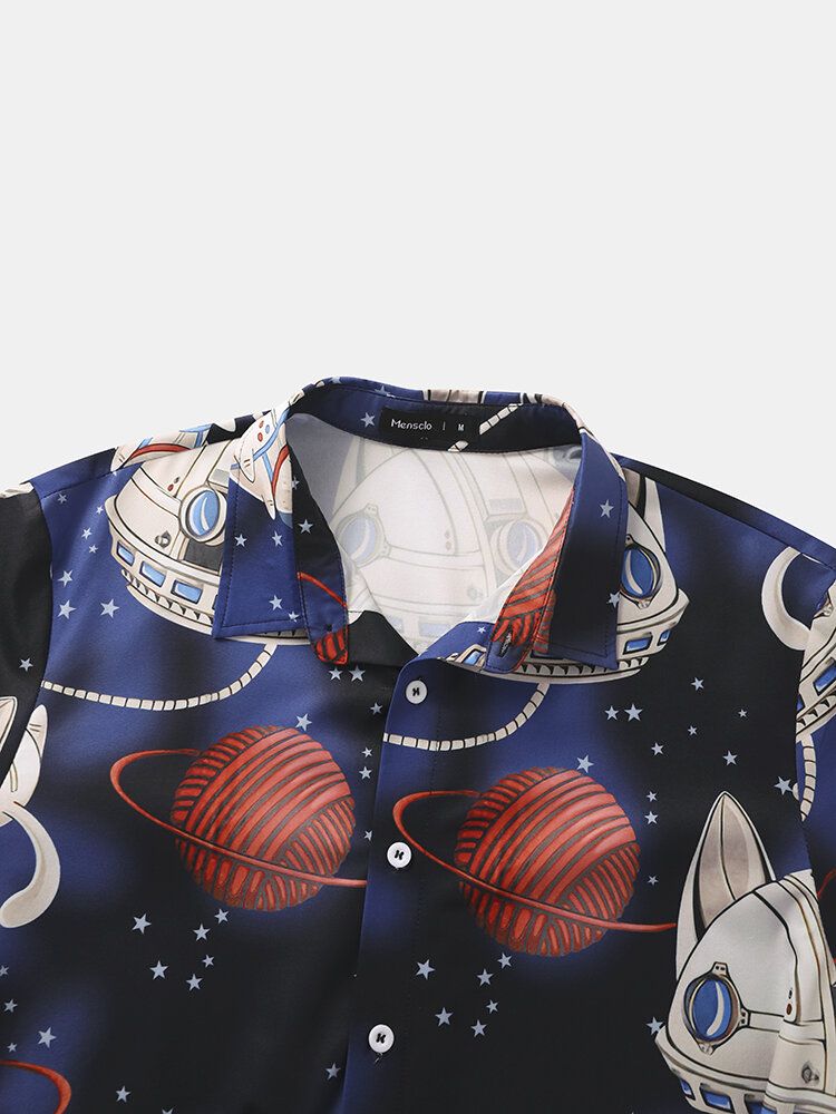 Män Cartoon Cat Star War Button Casual Shirts Med Kort Ärm