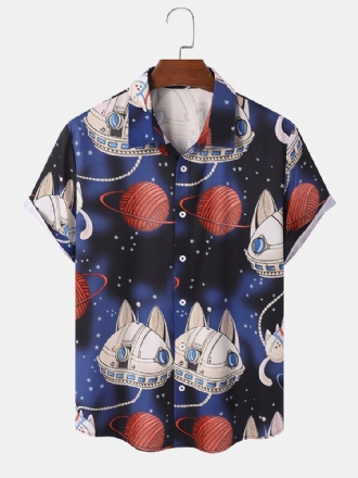 Män Cartoon Cat Star War Button Casual Shirts Med Kort Ärm